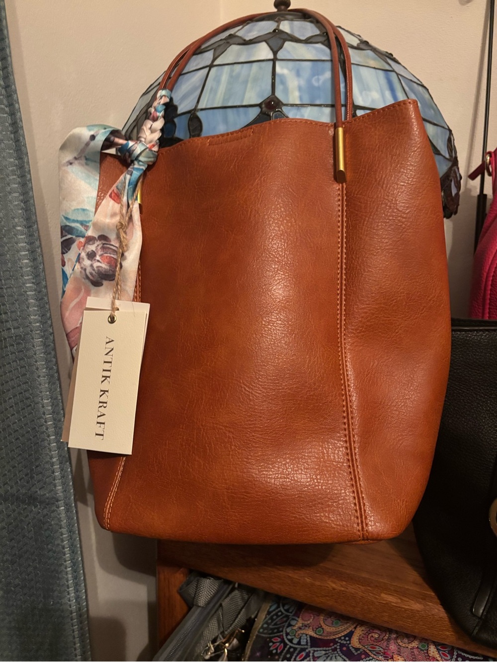 Antik Kraft Cognac Leather Tote with Scarf Accent